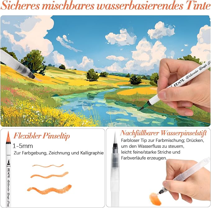 Watercolor Brush Pens,72 Colors Brush Tip Pens for Watercolor Painting, 3 Aquapen Blending Brush,Watercolor Markers for Artists and Beginner Painters Coloring Books, Calligraphy,Manga