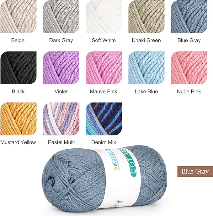 Katech Pure Cotton Yarn for Crocheting & Knitting–Soft Sport Weight CYC #2, 6 Skeins (50g Each, 300g Total), Ideal Crochet Yarn for Dishcloths, Baby Clothes, Socks, Lightweight Scarves（Blue Gray）