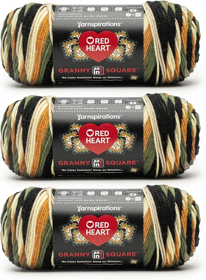 Red Heart All in ONE Granny Square Amber Moss Yarn - 3 Pack of 8.8oz/250g - 100% Acrylic - #4 Worsted (Medium) - 417 Yards - Knitting/Crochet