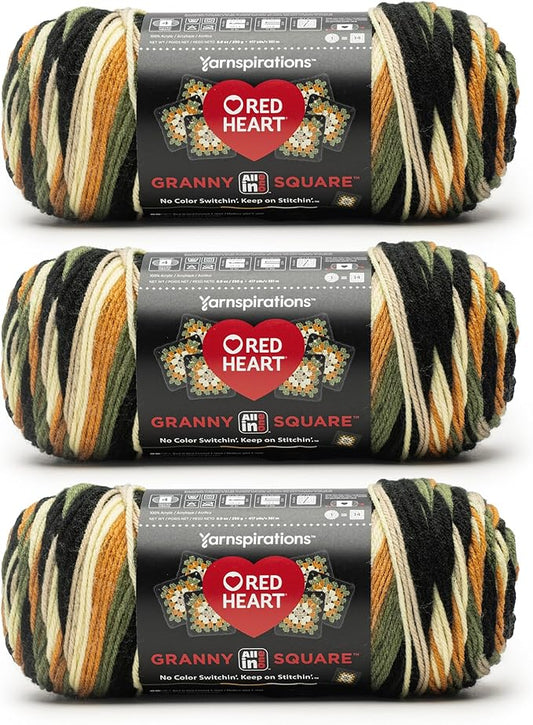 Red Heart All in ONE Granny Square Amber Moss Yarn - 3 Pack of 8.8oz/250g - 100% Acrylic - #4 Worsted (Medium) - 417 Yards - Knitting/Crochet