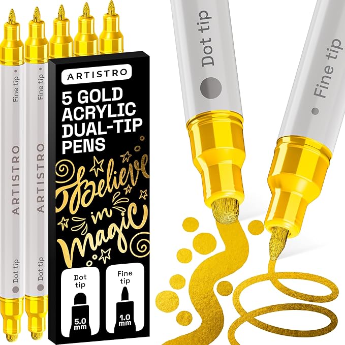 ARTISTRO 5 Gold Acrylic Paint Markers for Rock, Fabric, Wood, Glass, Eggs - Dual-Tip Paint Pens for Coloring Books for Adults, Teens, Kids - Art & Craft Supplies - Gift Idea - Easter Basket Stuffers