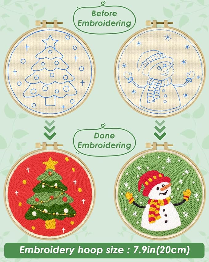 ERKOON Christmas Punch Needle Kit Adults Beginners, 2 Pcs DIY Easy Embroidery Set for Starter Art Craft, Needling Punch Project with Patterns, Tools, Yarns, Hoop, Instruction (ChristmasTree & Snowman)