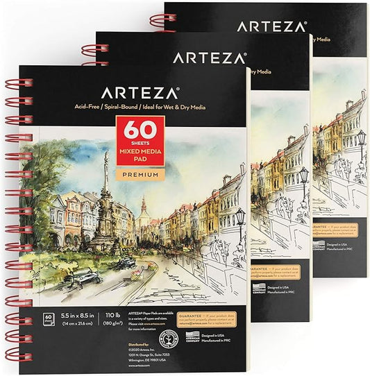 ARTEZA Mixed Media Sketchbook, 5.5 x 8.5 Inches, Pack of 3, 60 Sheets Each, Micro-Perforated Spiral-Bound Paper Pad for Wet and Dry Media