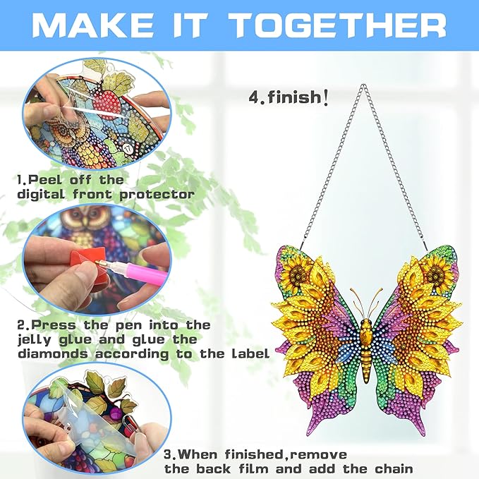 VAIIEYO Butterfly Diamond Painting Hanging Ornament,Sunflower Double Side Window Hanging Kit with Chain, 7.5x7.5 inch Crystal Pendant Art Craft for Gift Home Wall Front Door Decoration