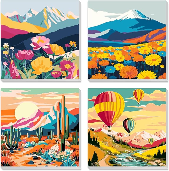 MXJSUA 4 Pack Sunset Mountains Landscape Framed Paint by Numbers Kit with Canvas for Adults Beginner, DIY Acrylic Oil Painting Kits with Brushes for Home Wall Decor Gift (8x8 inch)