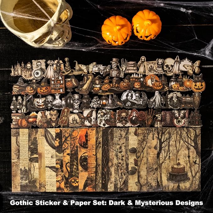 Vintage Gothic Scrapbook Sticker Paper Set – 240PCS Journaling Stickers and Material Sheets for DIY Crafts, Albums, Cards and Journals, Halloween Decoration Gift