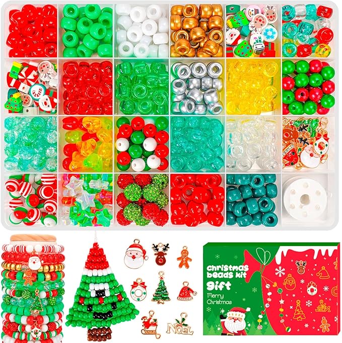 Christmas Beads for Bracelets, 500Pcs Pony Beads Kit with Christmas Tree Snowflake Charms Xmas Party Decor Red Green Assorted Bead Gifts for Girls Kids DIY Jewelry Making Crafts Stocking Stuffers