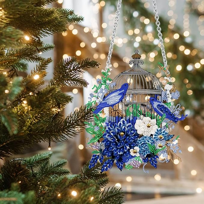 Flower Birdcage Design DIY Diamond Art Painting Wreath Kits Special Shaped Rhinestone Diamond Art Window Pendants Home Garden Wall Hanging Kits (Single Side Point Drill) (#11-Cat) (#01-Bird)