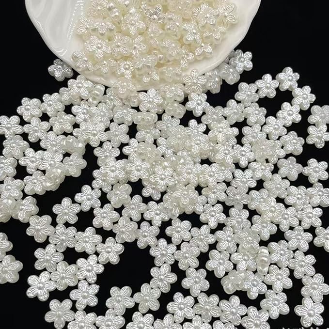 200Pcs Pearl Flower Beads for Bracelet,Cute Flatback Resin Charms for Jewelry Making Bulk Decorations,DIY Phone Charms Beads,White Unique Aesthetic Beads for Crafts