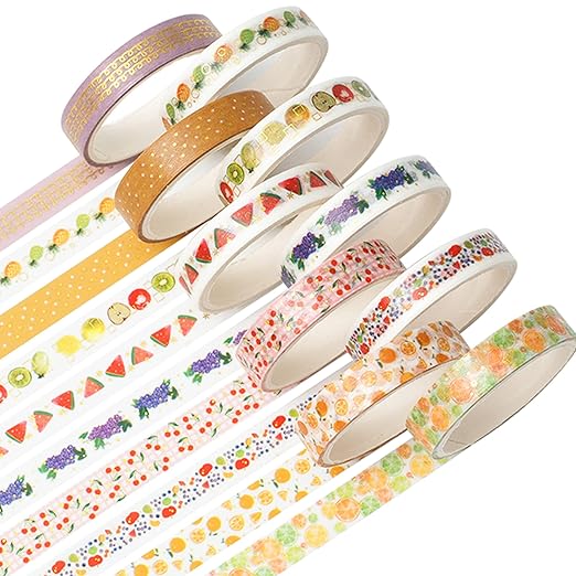 YUBBAEX 10 Rolls Sparkling Washi Tape Set 8mm Skinny Gold Foil Decorative Masking Washi Tapes for Bullet Journal,Scrapbook, Planner, DIY Crafts (Various Fruits)