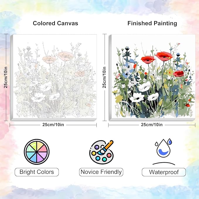 Yezavesu Flower Framed Paint by Numbers Kit for Adults Beginner & Kids Ages 8-12, Wildflowers Paint by Number Without Easel, DIY Adult Paint by Numbers Flowers for Home Wall Decor Gift 10x 10 inch
