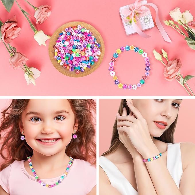 NUOBISHI 500 Pcs Flower Polymer Clay Beads Charms for Crafts with Elastic String for Making Bracelet Necklace Craft Decoration DIY Crafts