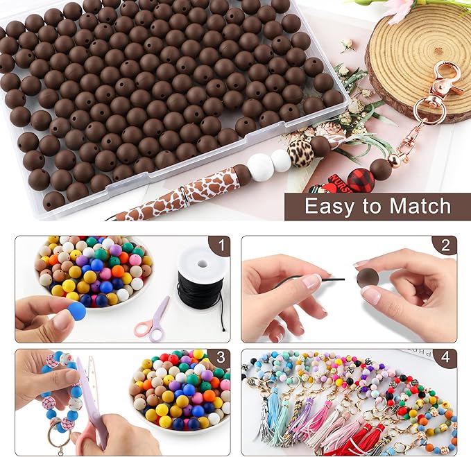 160Pcs 12mm Silicone Beads for Keychain Making Bracelet Necklace, Bulk Round Silicone Beads for Pens（Chocolate）