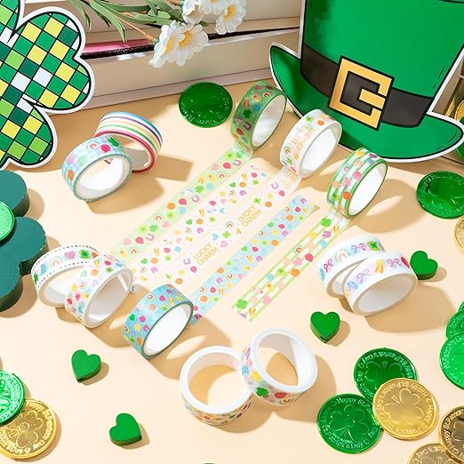 Lucky Pattern Washi Tape - 12 Rolls Lucky Marshmallow Shamrock Rainbow Pot of Gold Horseshoe Scrapbook Washi Decorative Tape Set School Office Scrapbooking Junk Journal Supplies DIY Craft