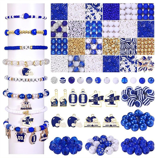 HSWE Game Day Beads Bracelet Kit Assorted Blue White Heishi Clay Pearl Letter Round Loose Beads Gold Spacer Beads with Sports Football Charms for DIY Bracelets Necklace Making