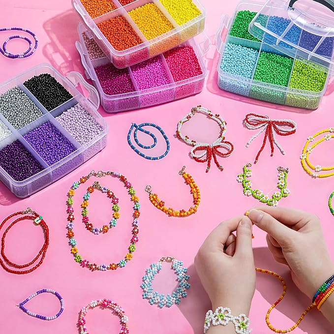 Umikk 3mm 60000pcs Glass Seed Beads Bulk, 24 Colors Small Beads Kit for Jewelry Making Bracelet Making DIY Art Craft Girls Tiny Beads Christmas Gifts (Handle Box)