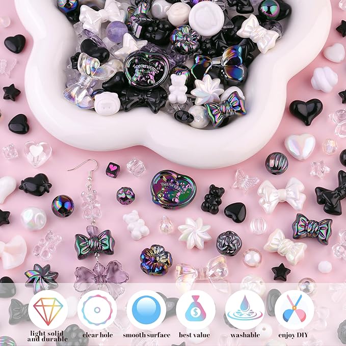 200-260PCS TINKRSTUFF Assorted Acrylic Beads Black Cute Bead for Bracelet Making,Bow Star Aesthetic Flower Butterfly GummyBear Round Kawaii Charms for Jewelry Necklace Making DIY Keychain Phone Charm