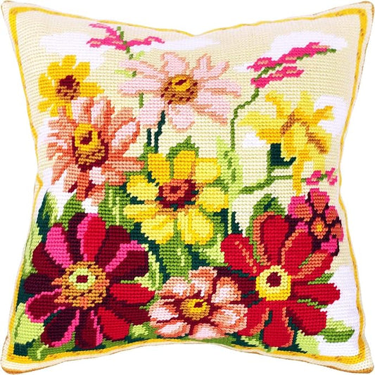 Brvsk Floral Stamped Cross-Stitch Kit for Adults and Beginners — Zinnias 16″ × 16″ with Clear, Precise Printed Design on Cotton Canvas; Includes 2 Needles, Yarn, and Easy-Read Chart
