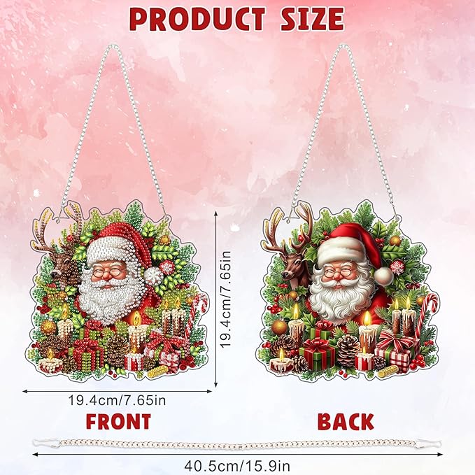 DOMROM Santa and Elk Diamond Art Hanging Kits for Adults Beginners, Christmas Special Shaped Crystal Diamond Painting Santa Pendant, DIY Diamond Art Suncatchers for Home Garden Wall Decor Gift