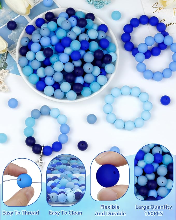 160pcs fiveizero 15mm silicone beads for keychain making - mixed color round rubber beads bulk, diy craft supplies for bracelets necklaces pens(blue)