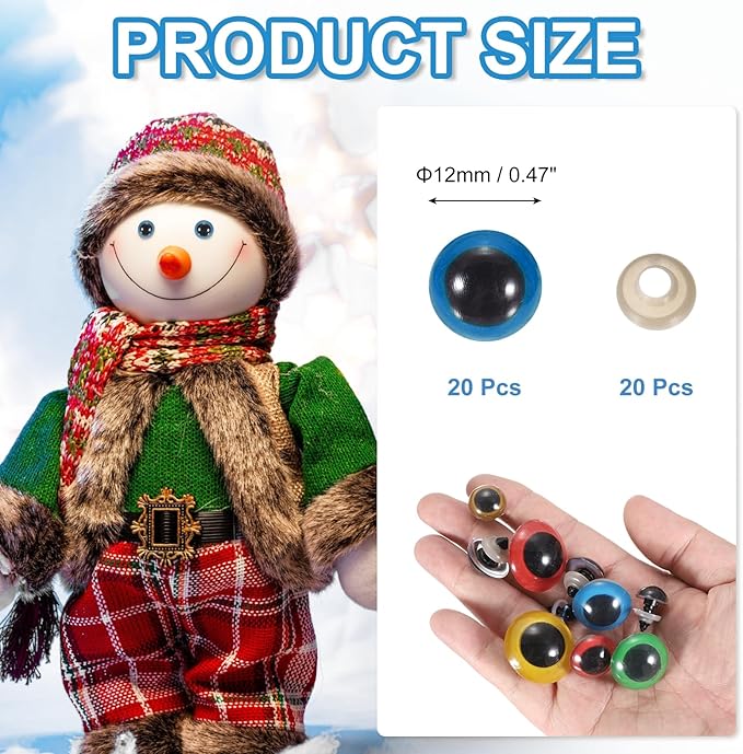 PATIKIL 12mm Safety Eyes, 20Pcs Realistic Doll Crocheting Safety Eyes with Washers for Decor Crochet Accessories Dolls Craft Halloween, Blue