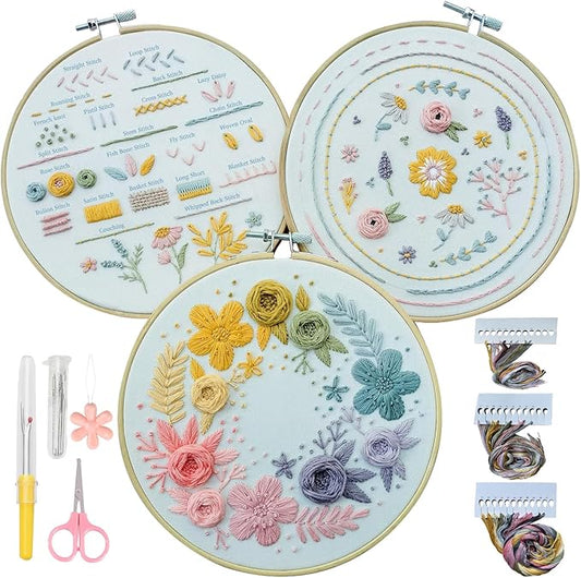 embroidery kit,3 pack embroidery kit for beginners with step by step learn 22 different stitches from instruction & video,stamped embroidery patterns,hand embroidery kit for adult, stitches kit
