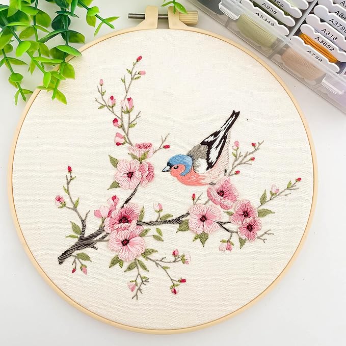 Silentsea Embroidery Kit, Floral and Nature Designs, 3-Pack with Hoops, Needlework Pattern Set (Bird)