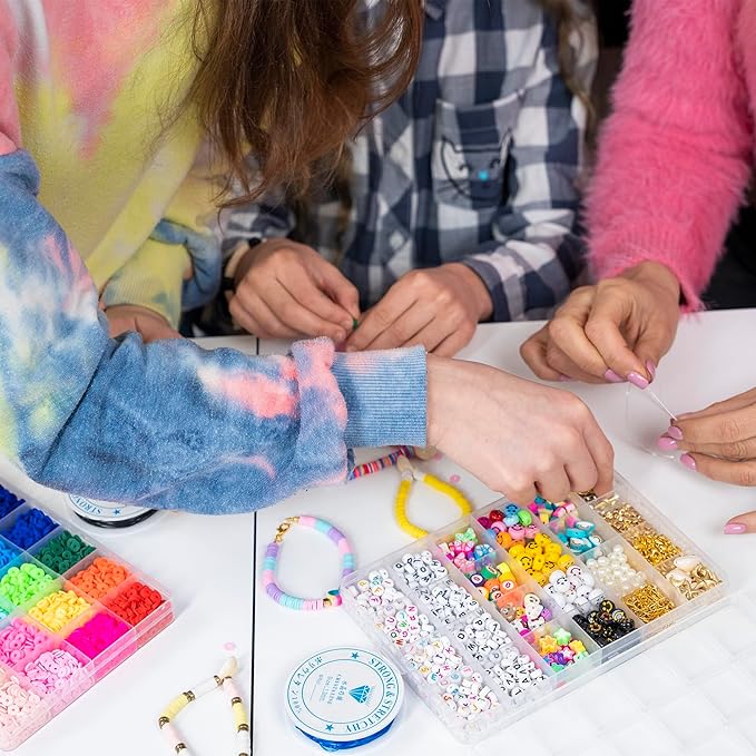 6525 Pcs Bracelet Making Kit for Beginners, Friendship Bracelet Making Kit for Girls Teens Adults, Includes Letters Beads & Smiley Beads, Polymer Clay Beads Jewelry Making Kit with 2 Storage Boxes