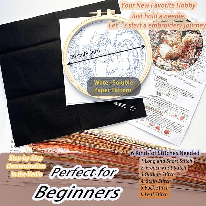 FONNUY Funny Squirrel Floral Embroidery Kit, Cross Stitch Kits for Beginners, Handmade Crafts with Printed Patterns for Beginner Adults, Easy to Follow Color Thread Needlework, 8'' Hoop (Smart)