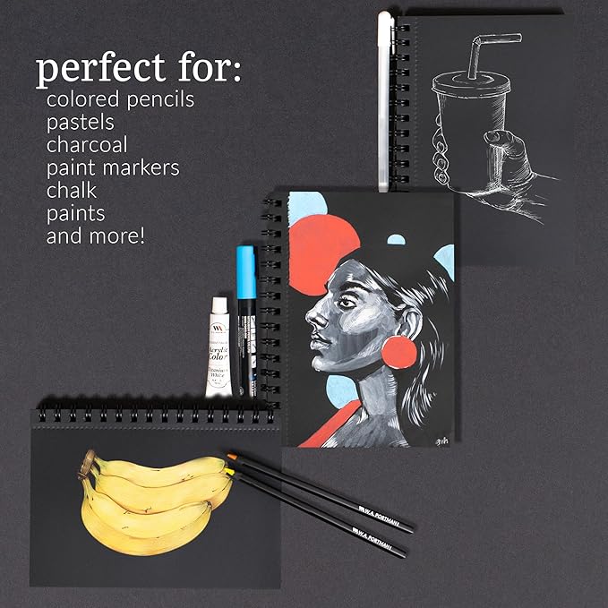 wa portman black paper sketchbook a5 (6" x 8.25") – 140 gsm acid-free black sketchbook for drawing – 60 pages (30 sheets) drawing pad journal – mixed media sketch pad for kids & adults