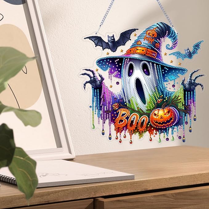 VODAPYC Halloween Diamond Art Hanging Kits for Adults, DIY Double Sided Special Shaped Diamonds Art Window Pendant Ornament for Home Decor(Ghost)