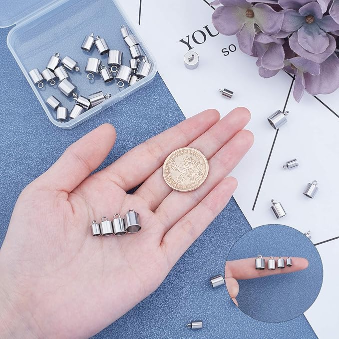 UNICRAFTALE 4 Sizes 40pcs Stainless Steel Cord Ends Leather Cord End Caps Cord End Caps Terminators Cord Finding for Jewelry Making Kit, Stainless Steel Color