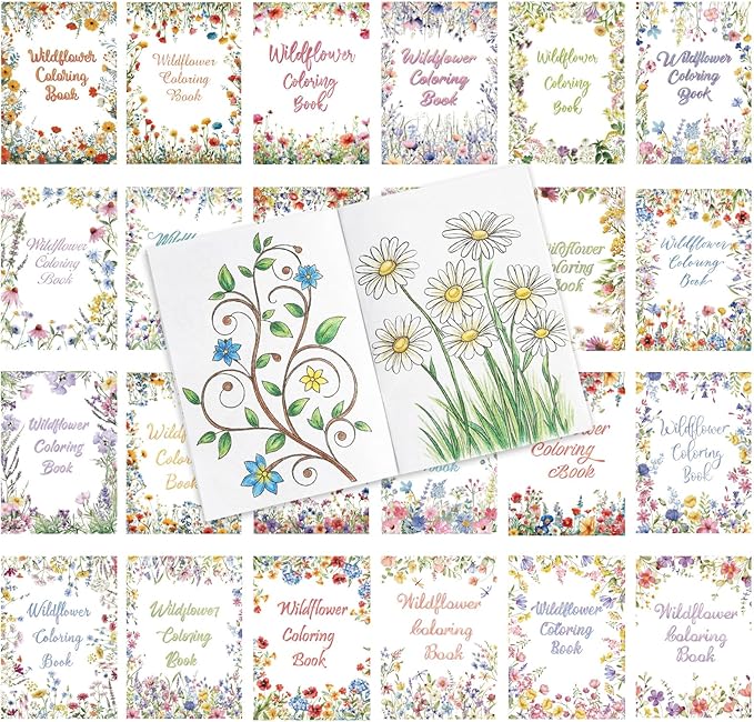 Liliful 24 Pcs Wildflowers Coloring Book Bulk for Adult Calm Supplies DIY Art Stress Relief Drawing Book with Colorful Flower Patterns for Favors Goodie Bag Filler and Holiday Gifts