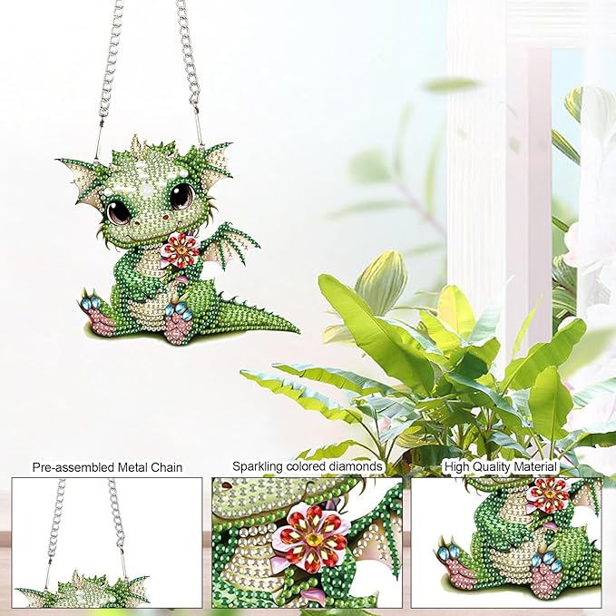 Green Dragon Diamond Painting Kit – 5D DIY Acrylic Pendant with Special Shaped Rhinestones, Cute Fantasy Animal Hanging Ornament for Wall, Window, Door, or Car Mirror Décor, Gift for Adults and Teens
