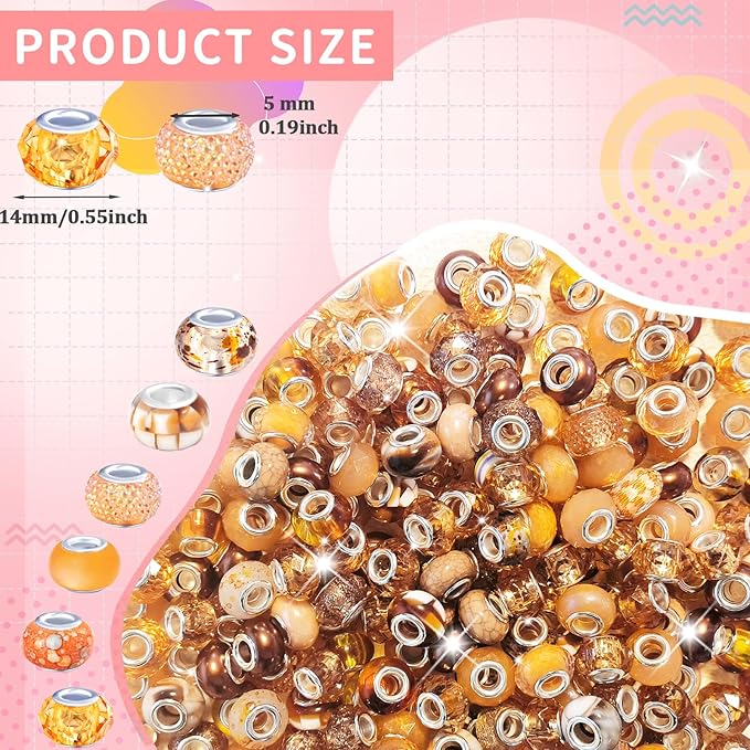 Large Hole Brown European Beads - 100 Assorted Pieces for Pens, Fairy Wand, Garden, Lampwork, Craft, Spacer, DIY Charms, Bracelet, Necklace Decoration, Jewelry Making Supplies