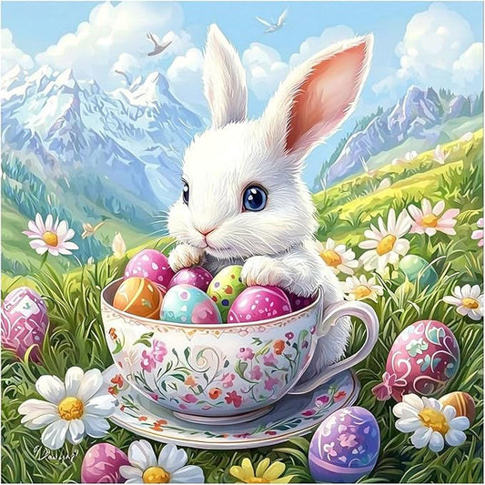 QENSPE Diamond Painting Easter Art Kits for Adults, DIY Cute Rabbit Full Drill Diamond Art Kit for Beginners, 5D Flower Round Diamond Dots Paintings Gem Crystal Crafts Home Wall Decor Gifts 30x30cm