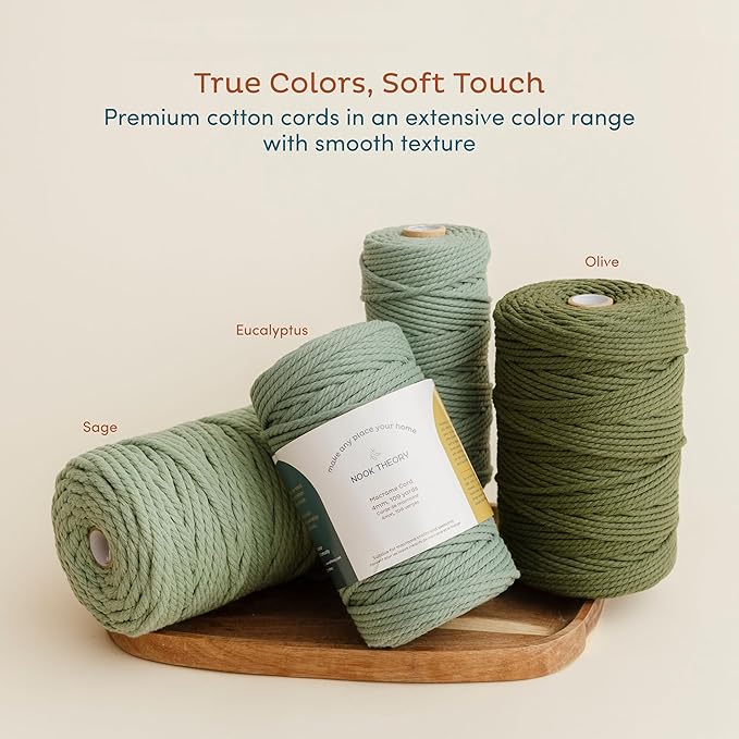 Nook Theory Macrame Cord - 5mm 109 Yards Cotton Rope, 3mm 4mm Yarn, String for Crafts, Perfect for Macrame Wall Hanging and Boho Decorations (Forest Green)