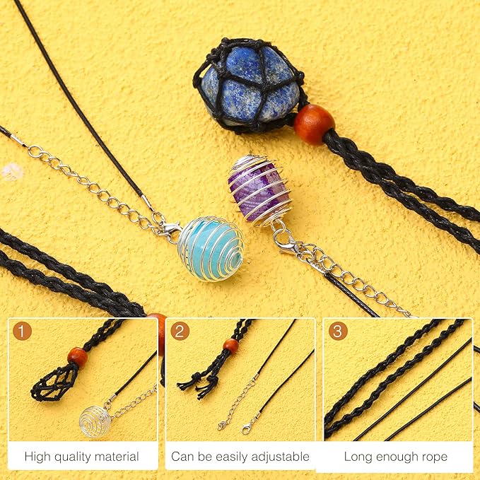 Shappy 66 Pieces Crystal Necklace Holder Empty Stone Holder Spiral Bead Cages Pendants with Adjustable Cord Fish Netted Rope Black Waxed Necklace Cord for Rock Jewelry Making Crafting Finding