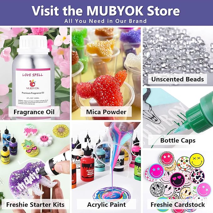 MUBYOK M139 57PCS Car Freshie Supplies Starter kit with Unscented Aroma Beads,Silicone Molds,Acrylic Paint,Mica Powder,Glitter and Accessories (Make 4 Freshies)