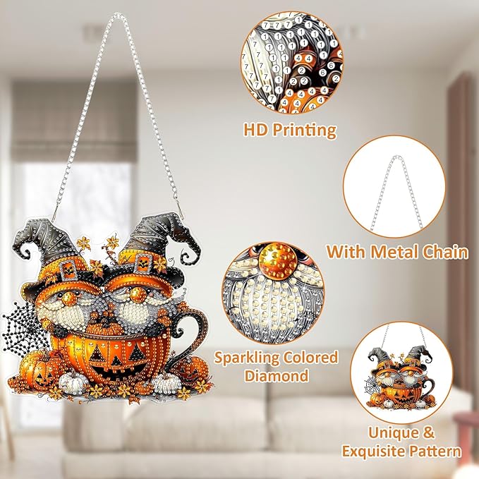 SENQAO Halloween Diamond Art Hanging Kits for Adults Beginners, DIY Acrylic 5D Special Shaped Crystal Diamond Gem Art Painting Hanging Ornament for Home Wall Decor and Gift（Gnome Pumpkin Cup）