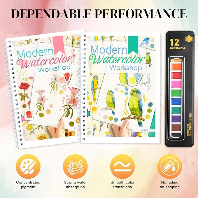 APOLYONE 2-Pack Beginner Watercolor Workbooks: 24 Coloring Pages + 12 Watercolor Paints + Brush – 300gsm/140lb Paper – Gift for Women, Adults & Beginners (Birds & Flower)