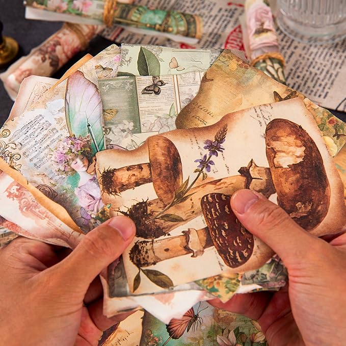 144 PCS Fantasy Scrapbook Paper Set, Vintage Journal Ephemera Pack for Scrapbooking, Journaling, DIY Crafts with Glue Tape