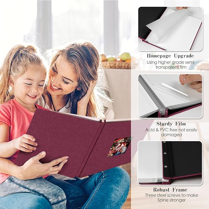 Spbapr Large Photo Album Self Adhesive 60 Pages Linen cover DIY Magnetic Scrapbook album with A Metal Pen Hold 11''x10.6''60pages
