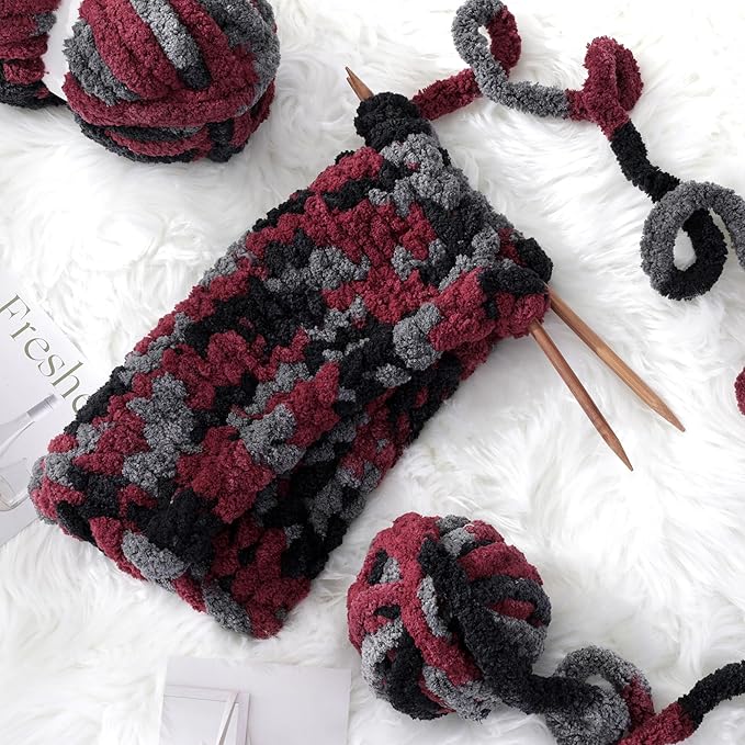 HOMBYS Chunky Tie Dye Mix Chenille Yarn for Hand Knitting, Super Bulky Jumbo Yarn for Crocheting, 3/4" Thick Soft Plush Yarn for Blankets, 8 Skein Pack (26 yds / 7.5 oz Each) Wine Red Black Grey