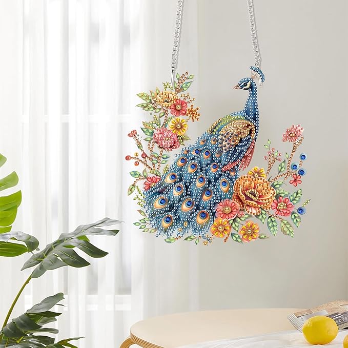 Reofrey Hanging Diamond Art Kits for Adults– 8x8Inch Peacocks Hanging Ornament Acrylic Board Double Sided Pattern Crystal Diamond Art Suncatcher Pendant, for Home Wall Window Decoration Handmade Gift