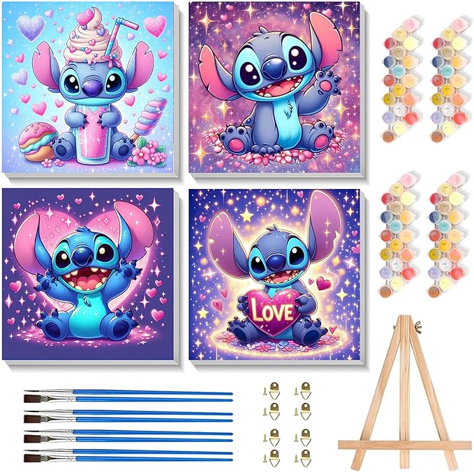 KOJEFCV 4 Pack Cartoon Paint by Numbers for Kids with Framed Canvas-with Wooden Easel, Paint by Number for Kids Ages 4-8-12, DIY Easy Acrylic Oil Painting Kits for Home Wall Decor (8X8inch)
