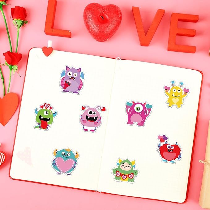 beyumi valentine colorful monster sticker - 1000pcs valentine's day cute monsters stickers in 2 rolls adhesive decorative sticker waterproof decal for greeting card envelope party gift decor for kids