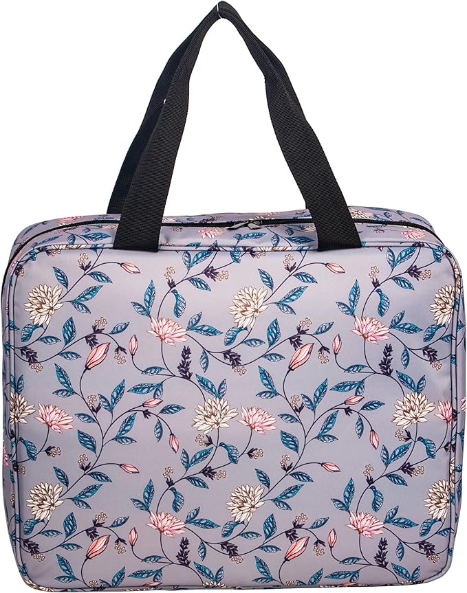 Portable Square Cross Stitch Starter Kits Bag Embroidery Project Bag Embroidery Tool Storage Tote Bag with Multifunctional Pockets, Bag Only (Flower Pattern)