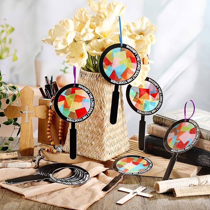 Motipuns 32 Sets Magnify Suncatchers Craft Kits DIY Magnifying Glass Shape Church Christian Religious VBS Craft Stained Glass Effect Tissue Paper Kit for Sunday School Resurrection Window Art