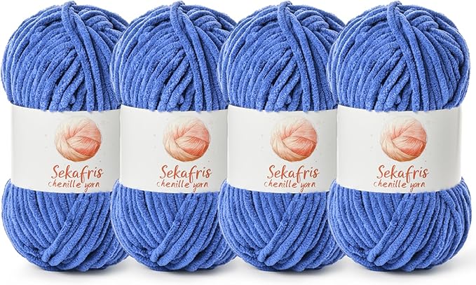 4 Pack Chunky Chenille Yarn for Crocheting, Baby Yarn for Crocheting Soft Blanket, 349.9 yds /14.1 oz Crochet Yarn, Bulky 5 Amigurumi Yarns, Fluffy Velvet Yarns for Knitting Crafts (4 Azure)